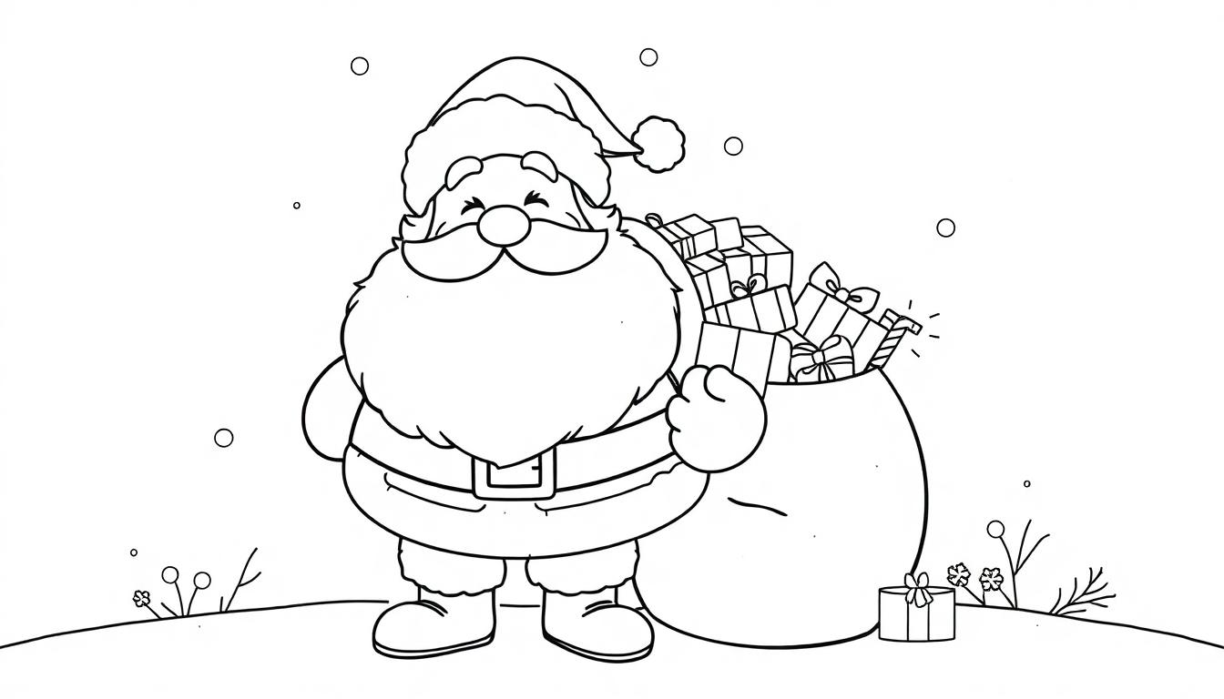 Eine Schwarz-Weiß-Farbtafel-Zeichnung von Weihnachtsmann mit einem Sack voller Geschenke auf einem schneebedeckten Hügel.