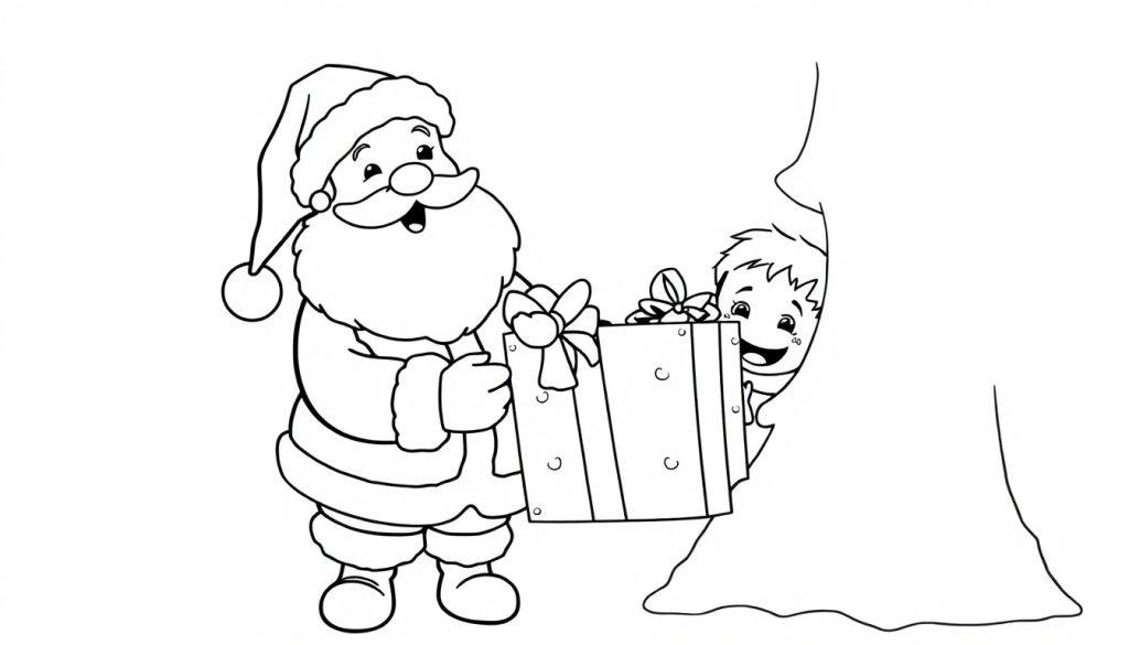 Schwarz-weiß Farbtafel: Weihnachtsmann mit Geschenk und Kind hinter Baum.