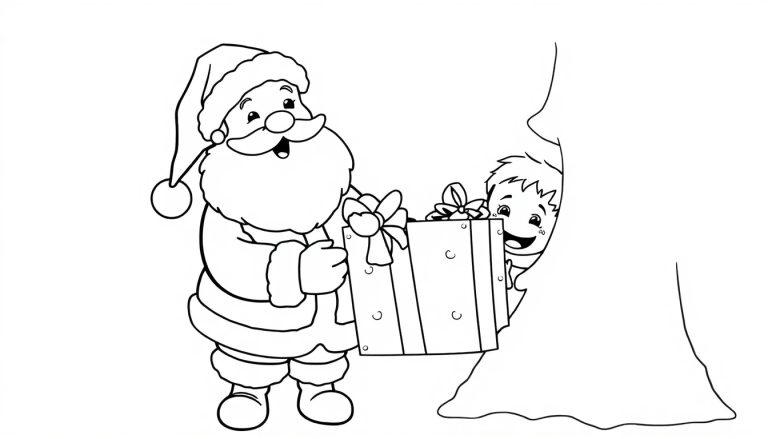 Schwarz-weiß Farbtafel: Weihnachtsmann mit Geschenk und Kind hinter Baum.