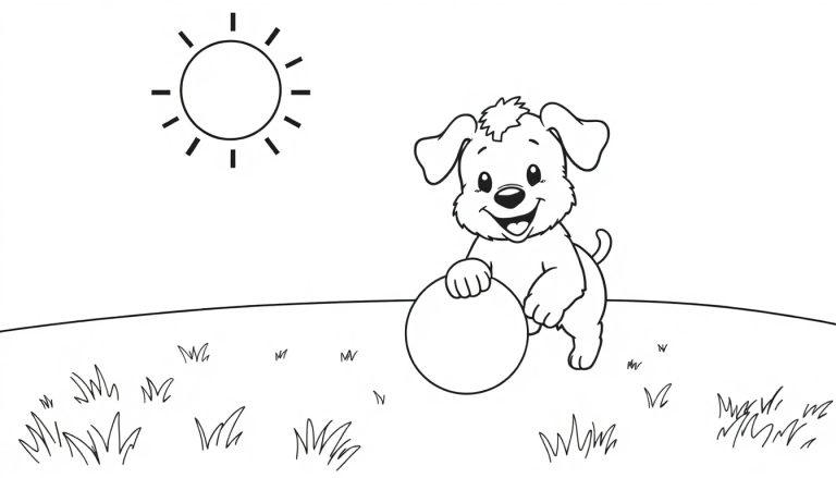 Ein süßer Hund mit einem Ball im Gras, eine Schwarz-Weiß-Farbtafel.