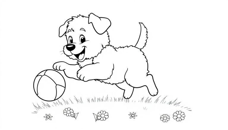 Schwarz-weiße Farbtafel-Illustration eines verspielten Welpen, der auf einen Ball zustürmt.