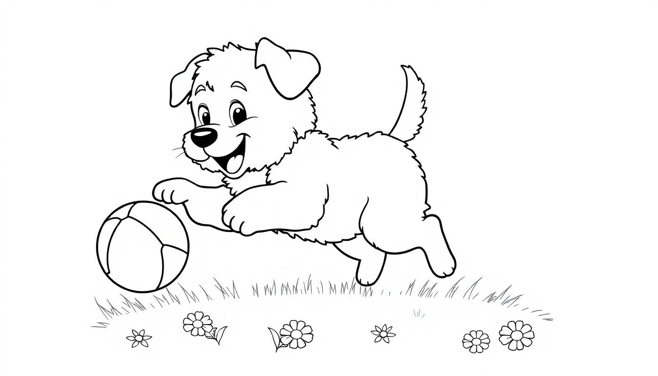 Schwarz-weiße Farbtafel-Illustration eines verspielten Welpen, der auf einen Ball zustürmt.
