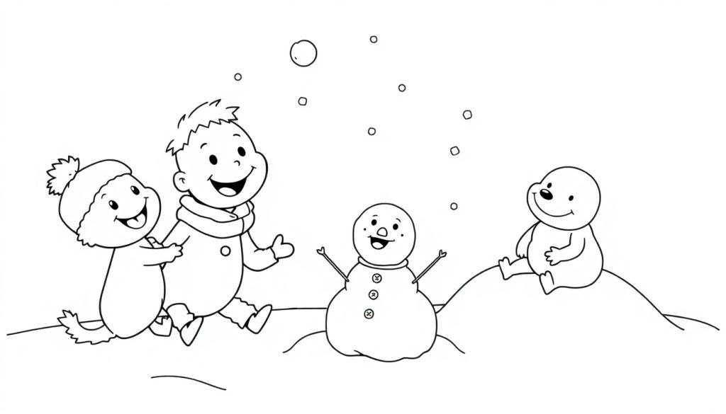 Eine Schwarz-Weiß-Farbtafel mit Kindern, einem Schneemann und einem Bären, die im Schnee spielen.
