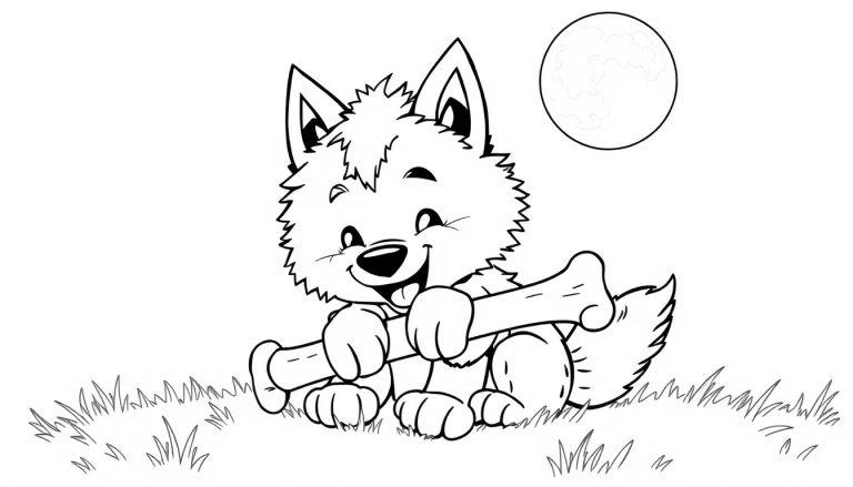 Schwarz-weiße Farbtafel eines niedlichen Wolfswelpen, der im Gras mit einem Knochen im Maul sitzt, unter einem Vollmond.