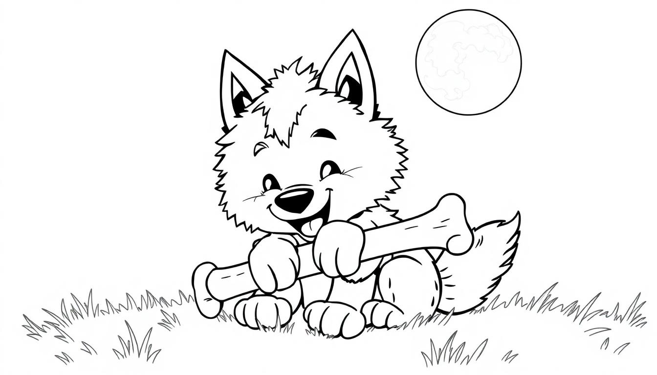 Schwarz-weiße Farbtafel eines niedlichen Wolfswelpen, der im Gras mit einem Knochen im Maul sitzt, unter einem Vollmond.