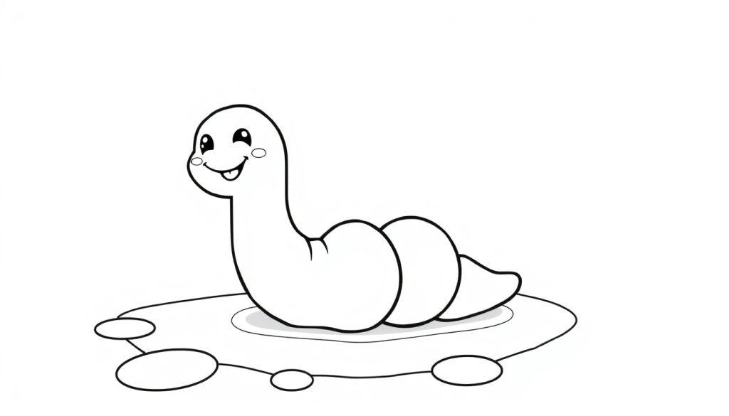 Eine Schwarz-Weiß-Farbtafel mit einem fröhlichen Cartoon-Wurm, der auf einer Oberfläche sitzt.