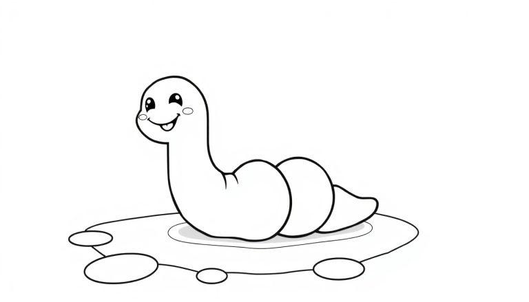 Eine Schwarz-Weiß-Farbtafel mit einem fröhlichen Cartoon-Wurm, der auf einer Oberfläche sitzt.