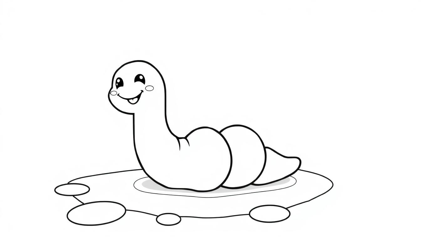 Eine Schwarz-Weiß-Farbtafel mit einem fröhlichen Cartoon-Wurm, der auf einer Oberfläche sitzt.