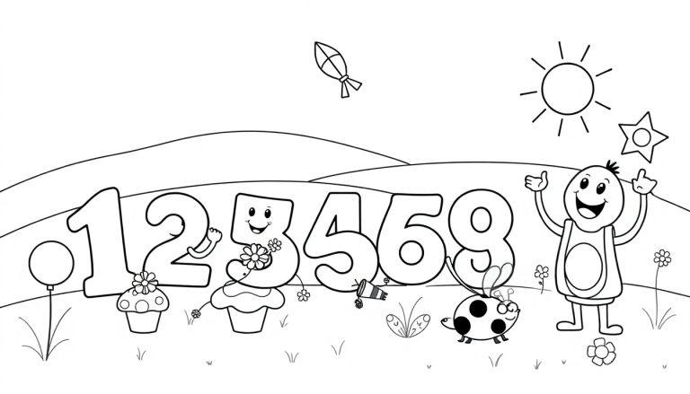 Eine kinderfreundliche Schwarz-Weiß-Farbtafel mit Zahlen von 1 bis 8, Karikaturfiguren, Naturmotiven wie Ballons, Kuchen, Blumen, einer Windmühle, einem Marienkäfer, einer Sonne, einem Stern, einem Drachen und Hügeln.