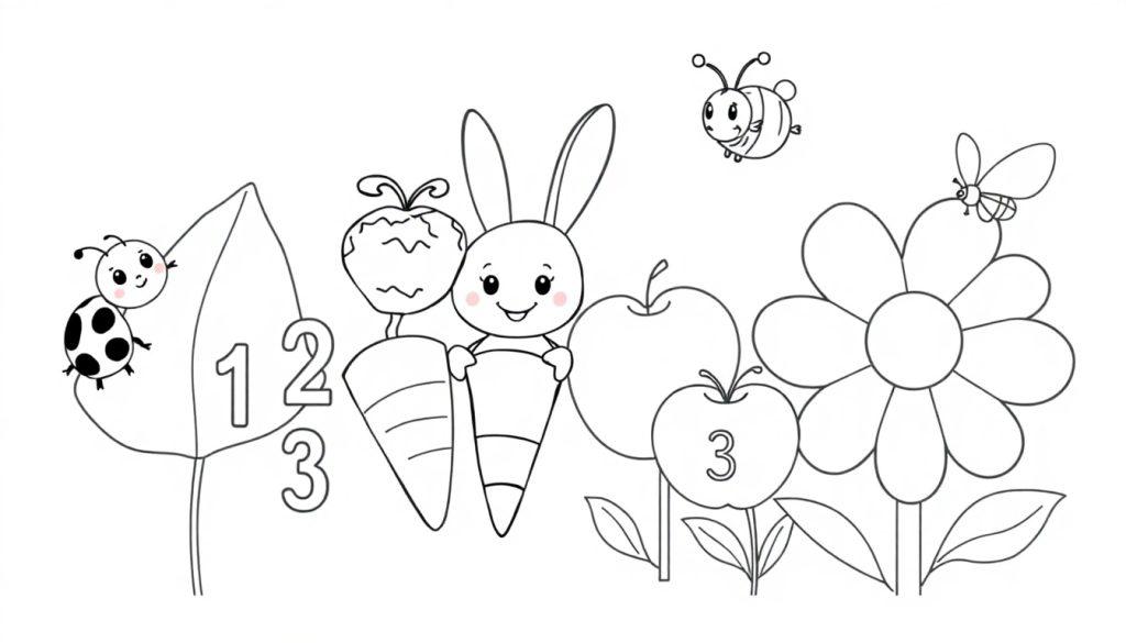 Eine Schwarz-Weiß-Farbtafel mit Tieren und Zahlen für Kinder zum Ausmalen.