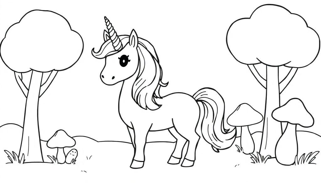 Eine Schwarz-Weiß-Farbtafel mit einem niedlichen Cartoon-Einhorn im Wald.