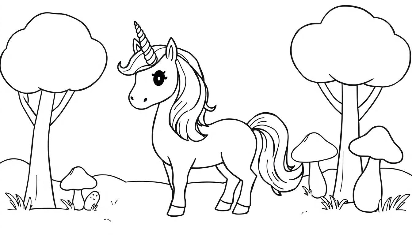 Eine Schwarz-Weiß-Farbtafel mit einem niedlichen Cartoon-Einhorn im Wald.