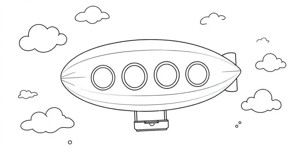 Schwarz-Weiß-Farbtafel eines freundlichen Zeppelins, der über niedliche Wolken fliegt.