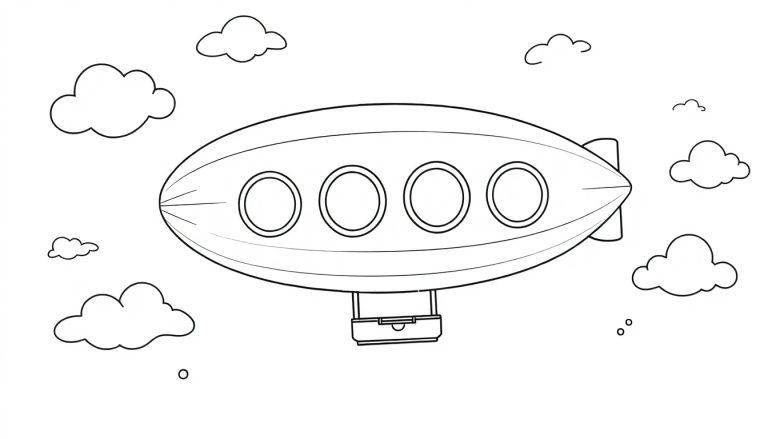 Schwarz-Weiß-Farbtafel eines freundlichen Zeppelins, der über niedliche Wolken fliegt.