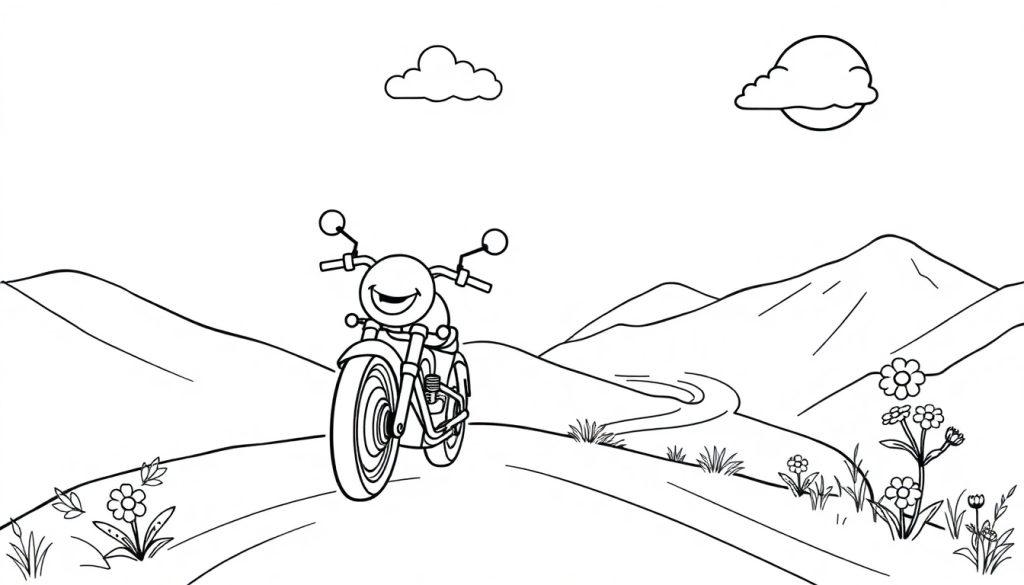 Eine schwarz-weiße Farbtafel mit einem lächelnden Motorrad, das über eine hügelige Landschaft fährt, mit Blumen und Bergen im Hintergrund.