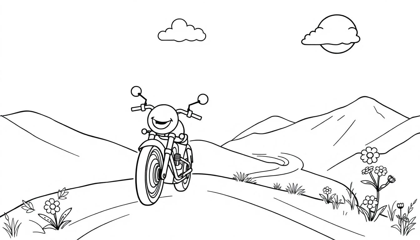 Eine schwarz-weiße Farbtafel mit einem lächelnden Motorrad, das über eine hügelige Landschaft fährt, mit Blumen und Bergen im Hintergrund.