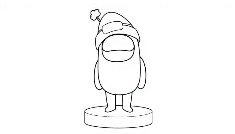 Eine schwarz-weiße Farbtafel-Zeichnung einer niedlichen Among Us-Figur mit einem Weihnachtsmannhut.