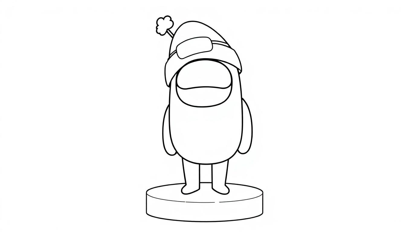 Eine schwarz-weiße Farbtafel-Zeichnung einer niedlichen Among Us-Figur mit einem Weihnachtsmannhut.