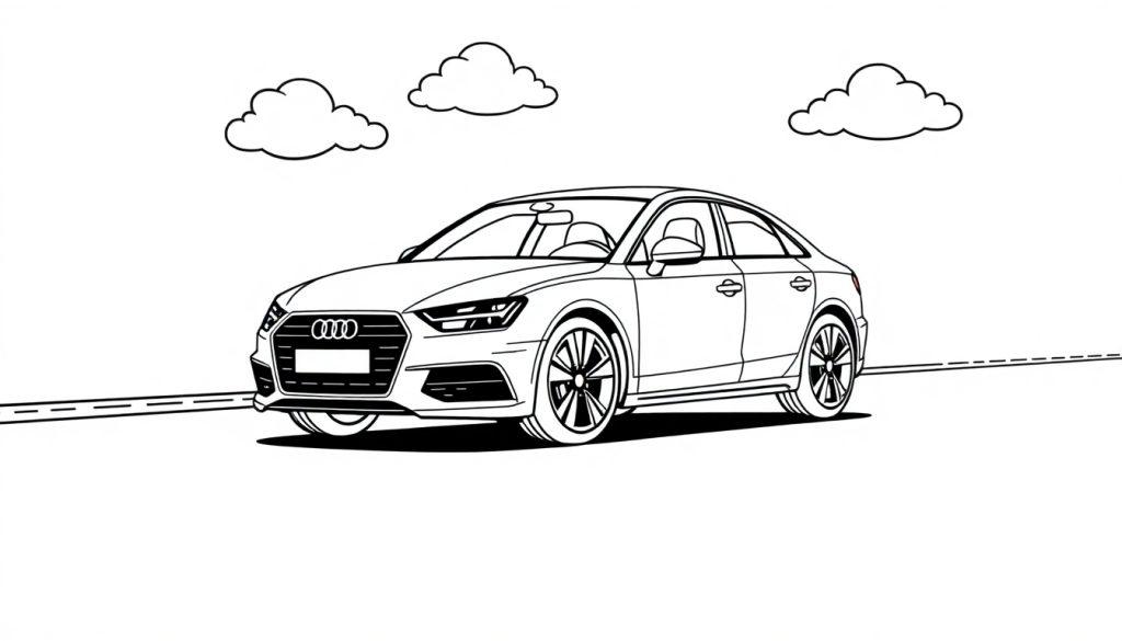 Schwarz-weiß-Farbtafel eines Audi A4 mit stilisierten Wolken am Himmel.