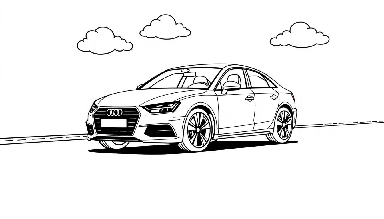 Schwarz-weiß-Farbtafel eines Audi A4 mit stilisierten Wolken am Himmel.