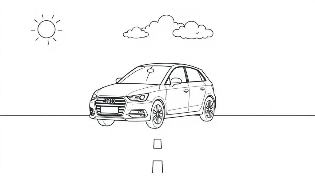 Schwarz-weiße Farbtafel eines süßen Audi Autos auf einer Straße mit Sonne und Wolken im Hintergrund.