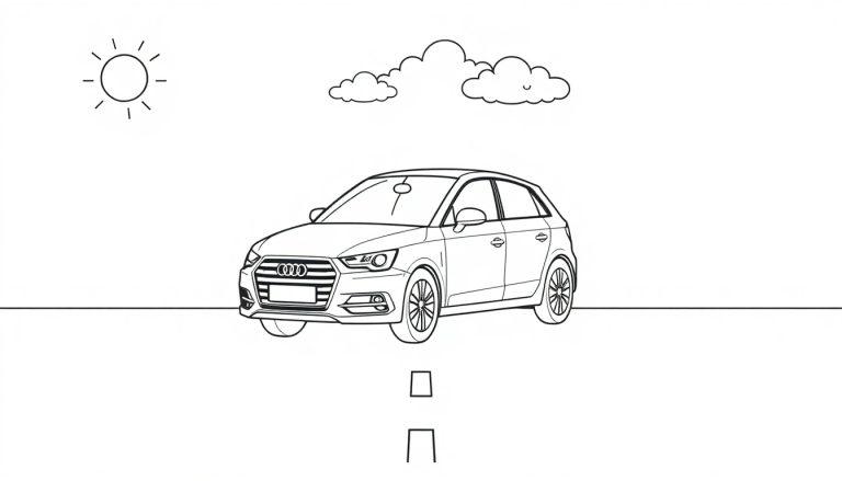 Schwarz-weiße Farbtafel eines süßen Audi Autos auf einer Straße mit Sonne und Wolken im Hintergrund.