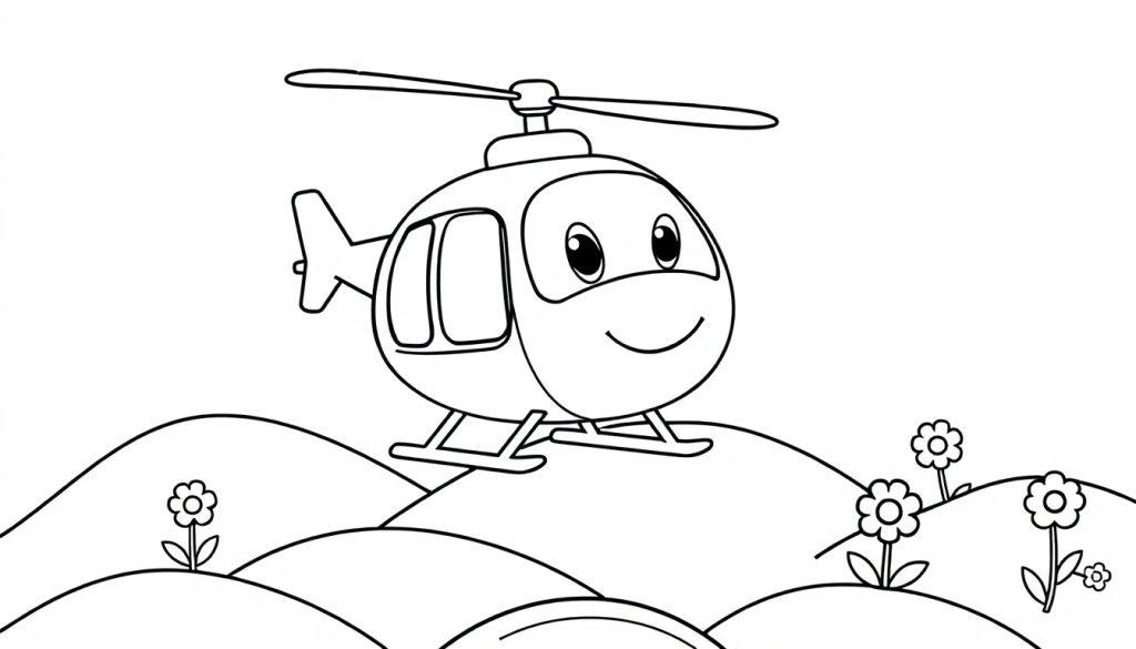Cartoonhafter Hubschrauber mit freundlichem Gesicht in Schwarz-Weiß-Farbtafel-Umrisszeichnung auf einem Hügel.