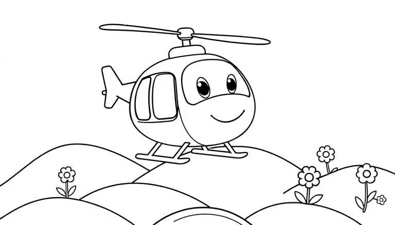 Cartoonhafter Hubschrauber mit freundlichem Gesicht in Schwarz-Weiß-Farbtafel-Umrisszeichnung auf einem Hügel.