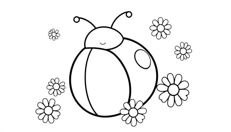 Schwarz-weiße Farbtafel-Zeichnung eines lächelnden Marienkäfers inmitten von Blumen, bereit zum Ausmalen.