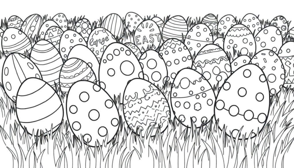 Schwarz-weiße Farbtafel mit Ostereiern, die im Gras versteckt sind.