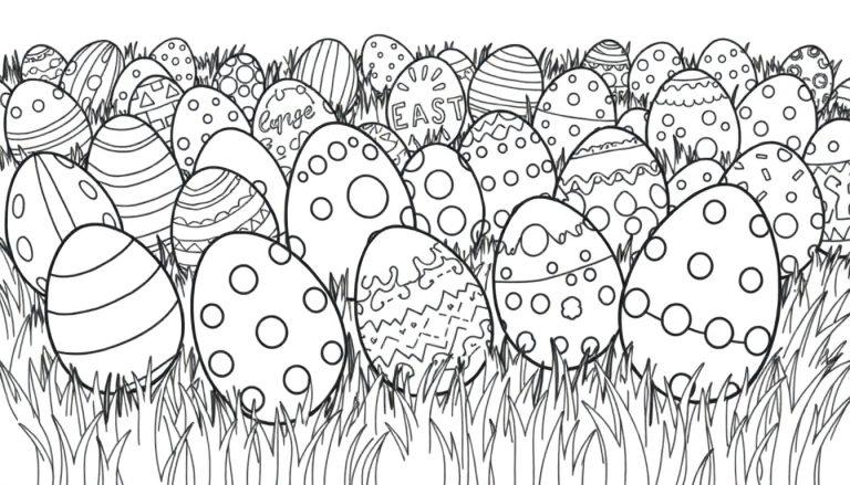 Schwarz-weiße Farbtafel mit Ostereiern, die im Gras versteckt sind.