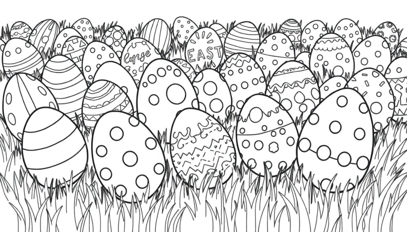 Schwarz-weiße Farbtafel mit Ostereiern, die im Gras versteckt sind.