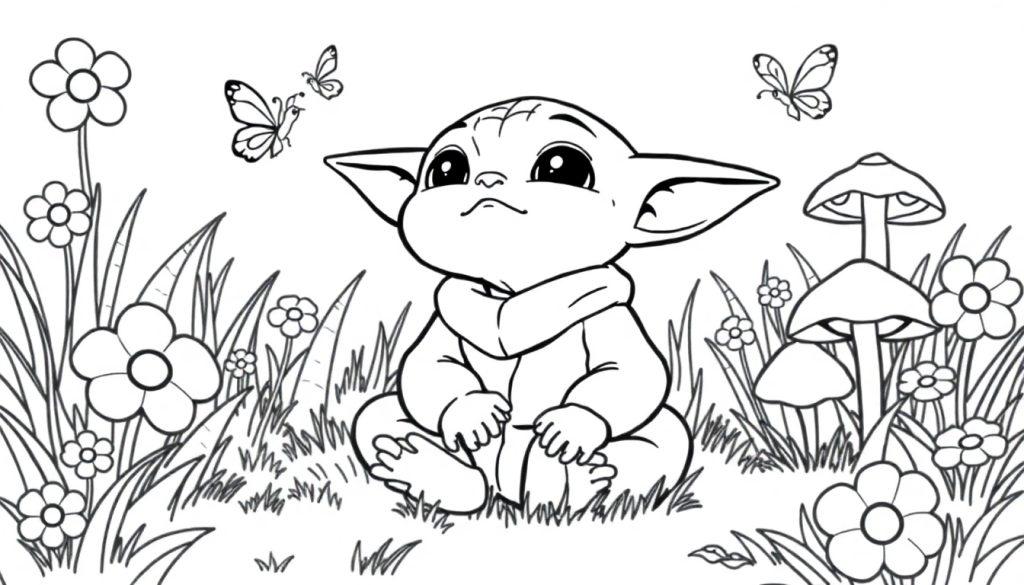 Schwarz-Weiß-Farbtafel von Baby Yoda, der im Gras sitzt und Blumen, Pilze und Schmetterlinge betrachtet.