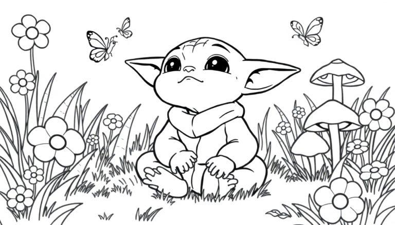 Schwarz-Weiß-Farbtafel von Baby Yoda, der im Gras sitzt und Blumen, Pilze und Schmetterlinge betrachtet.