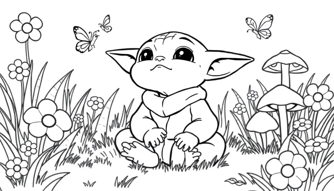 Schwarz-Weiß-Farbtafel von Baby Yoda, der im Gras sitzt und Blumen, Pilze und Schmetterlinge betrachtet.