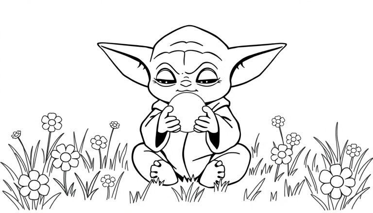 Baby Yoda sitzt auf einer Blumenwiese und hält ein Ei, bereit zum Ausmalen als Farbtafel.