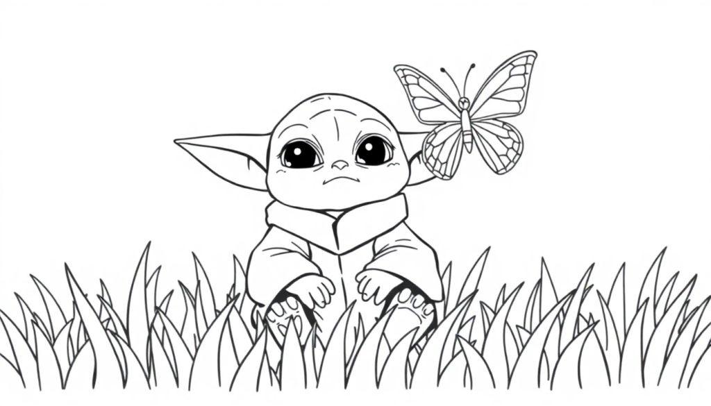Baby Yoda (The Child) sitzt in einer Wiese mit hohen Gräsern und betrachtet einen Schmetterling auf seinem Kopf. Schwarz-Weiß-Farbtafel.