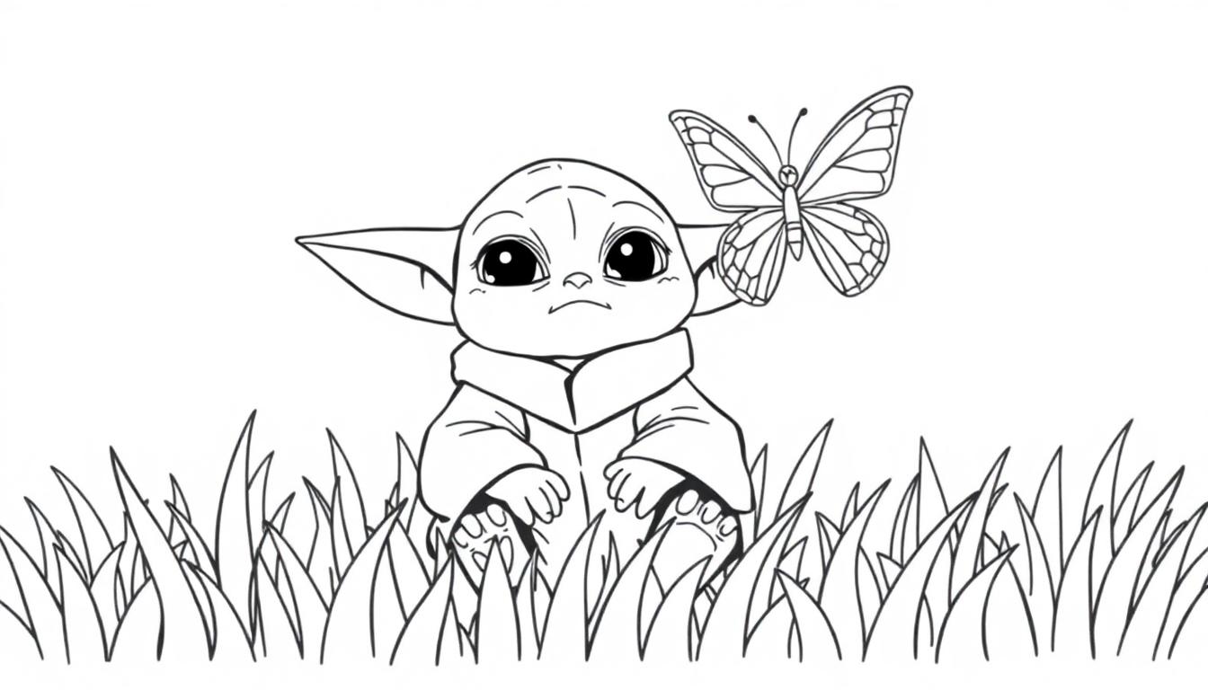 Baby Yoda (The Child) sitzt in einer Wiese mit hohen Gräsern und betrachtet einen Schmetterling auf seinem Kopf. Schwarz-Weiß-Farbtafel.