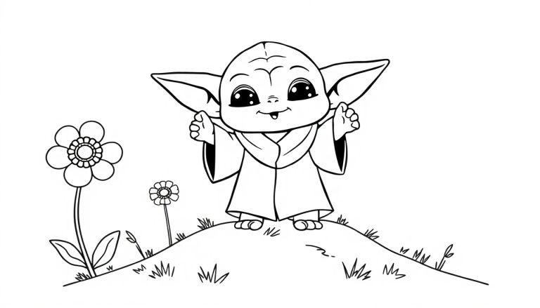 Eine Schwarz-Weiß-Farbtafel von Baby Yoda, der auf einem Hügel mit Blumen winkt.