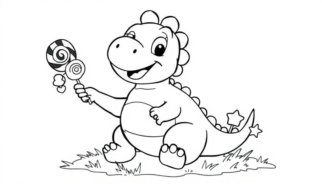 Niedlicher Cartoon-Babydinosaurier mit einem Lolli in Schwarzweiß-Strichzeichnung, bereit zum Ausmalen als Farbtafel.