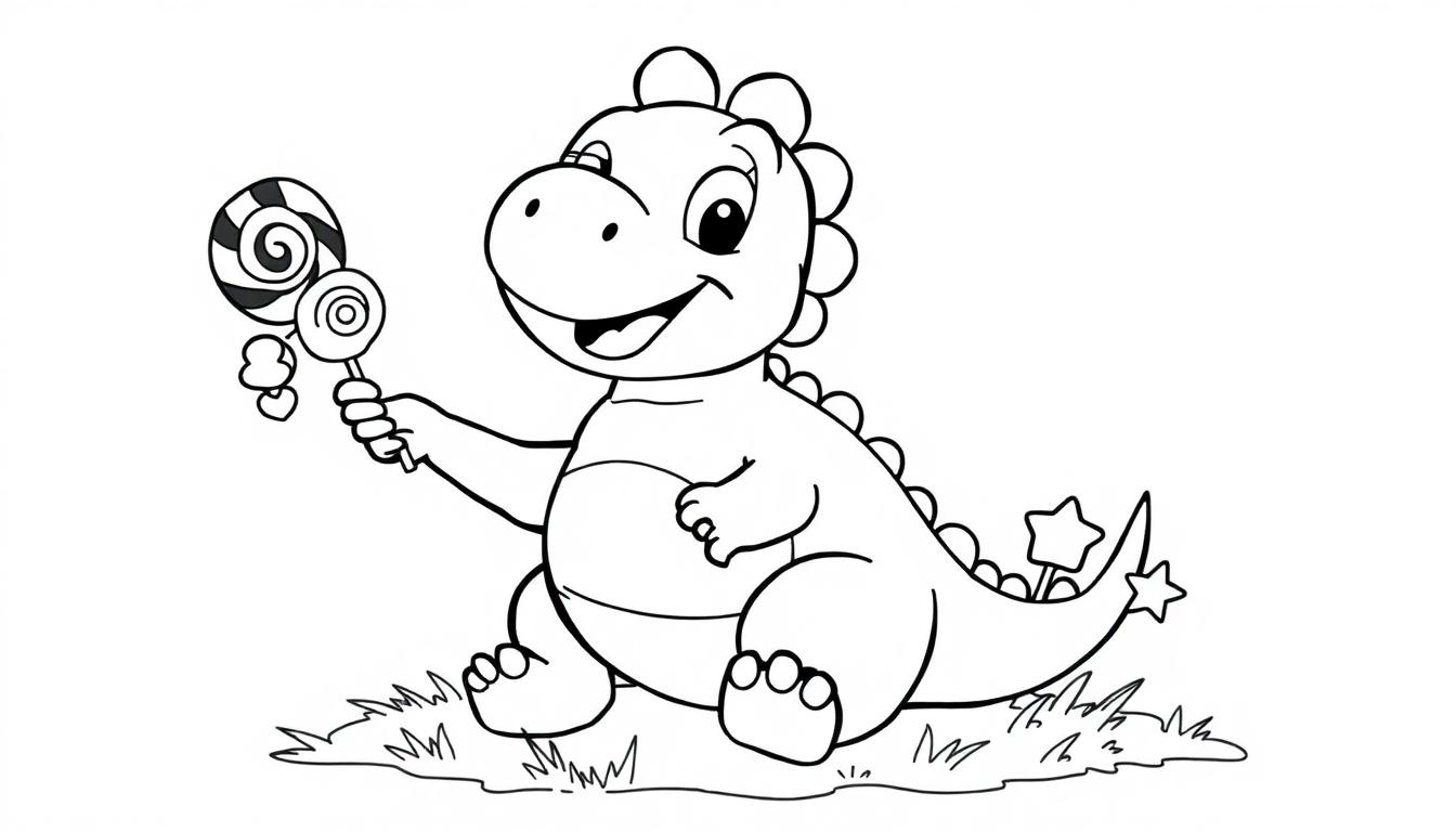 Niedlicher Cartoon-Babydinosaurier mit einem Lolli in Schwarzweiß-Strichzeichnung, bereit zum Ausmalen als Farbtafel.