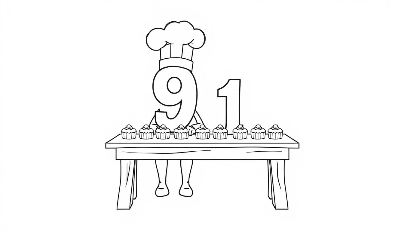 Die Zahl 9 und die Zahl 1 in Kochmützen, die an einem Tisch mit Cupcakes sitzen.
