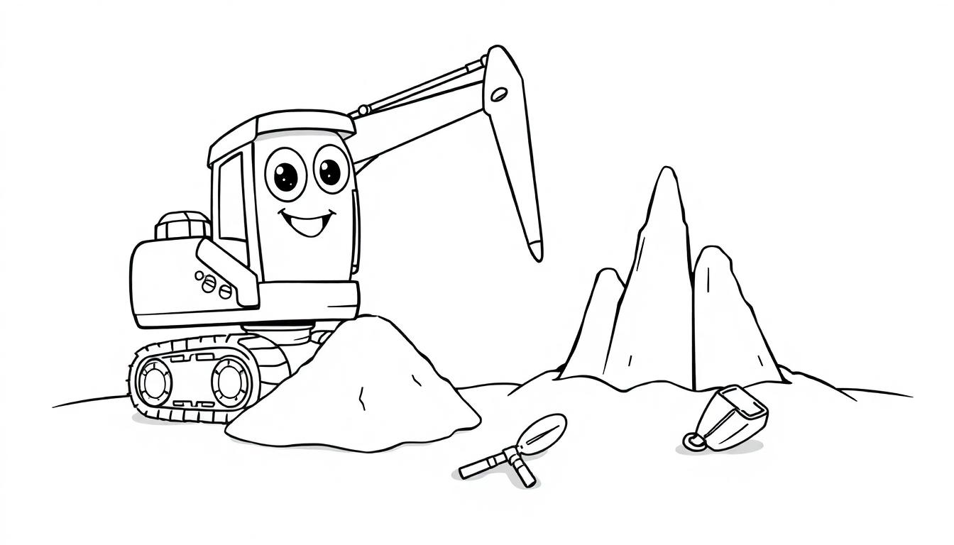 Ein Cartoon-Bagger mit freundlichem Gesicht auf einer Sandfläche, bereit zum Spielen. Farbtafel.