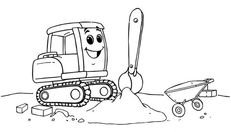 Schwarz-weiß Farbtafel einer Cartoon-Baustelle mit einem freundlichen Bagger, der Erde schaufelt, und einer Schubkarre mit Ziegeln.