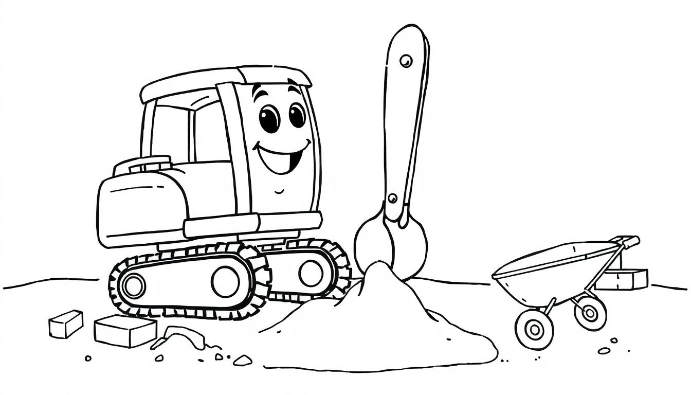 Schwarz-weiß Farbtafel einer Cartoon-Baustelle mit einem freundlichen Bagger, der Erde schaufelt, und einer Schubkarre mit Ziegeln.