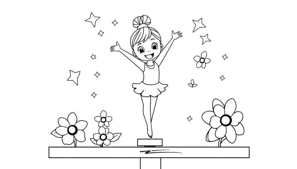 Schwarz-weiße Farbtafel einer Ballerina mit erhobenen Armen auf einem Podest, umgeben von Sternen und Blumen.