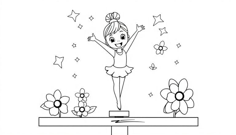 Schwarz-weiße Farbtafel einer Ballerina mit erhobenen Armen auf einem Podest, umgeben von Sternen und Blumen.