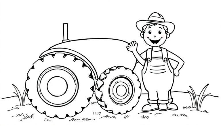 Eine Schwarz-Weiß-Farbtafelzeichnung eines glücklichen Bauern, der neben einem großen Traktor winkt.