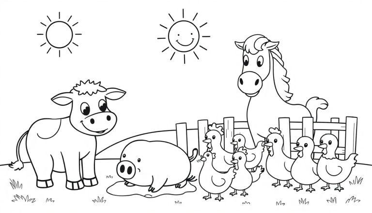 Eine schwarz-weiße Cartoon-Farbtafel eines Bauernhofs mit einer Kuh, einem Schwein, Hühnern und einem Pferd.