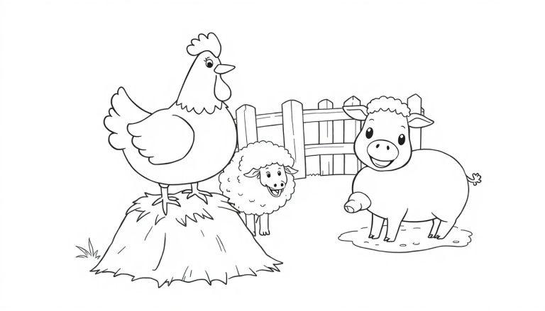 Eine Schwarz-Weiß-Farbtafel-Zeichnung eines Bauernhofs mit einem Huhn auf einem Heuhaufen, einem Schaf daneben und einem Schwein in einer Pfütze.